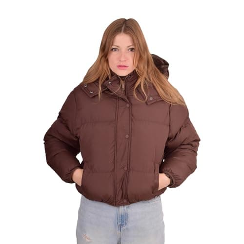 Image of Women's Ladies Teens Oversized Short Puffer Jacket, Hooded Winter Coat, Cropped Length with Side Pockets Padded Coats Teens Teenagers Plain Padded Quilted Hood Coat for Casual School Autumn Brown XXL