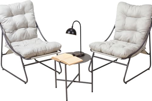 Image of idooka 3 Piece Bistro Set | Includes 2 x Black Garden Chairs, 1 x Black Small Table, 2 x Beige Cushions | Garden Furniture Made of Durable Steel with Weather Resistant Powder Coating