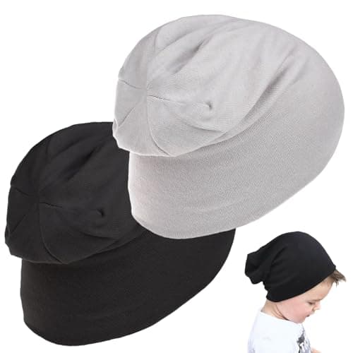Image of 2 Pieces Kids Beanie, Boys Girls Toddler Kids Winter Hat, Pack Soft Cute Knit Cap Soft, Double Layered Hats, Boy's Black/Grey Hat
