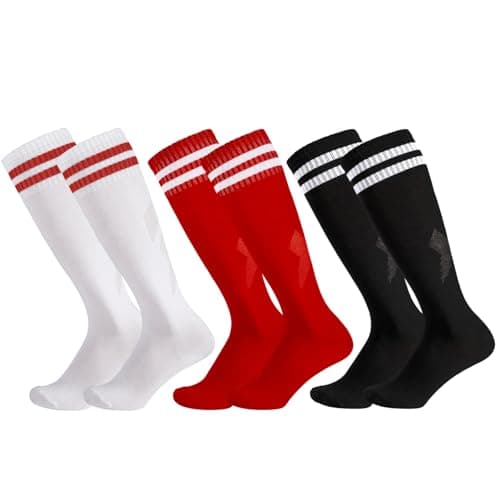 Image of Invalidism 3 Pairs Kids Football Socks, Childrens Football Socks Kids Breathable Soccer Sock Long Football Socks for Sporting Running Training Socks for Children Aged 5-12(White+Black+Red)