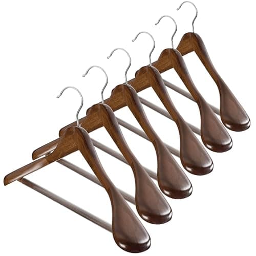 Image of Wide Shoulder Wooden Hangers Coat Hangers High-Grade Smooth Finish Non Slip Wide Shoulder Hangers for Clothes 6 Pack, for Closet, Jacket, Dressed, Holds Upto 20lbs, 360° Swivel Hook