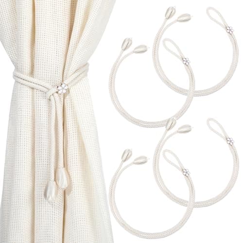 Image of Tyqour 4 Pcs Beige Curtain Tie Backs, Tassel Tie Backs No Drilling, Boho Curtain Tiebacks Rope, Hand-Knitted Curtain Holders for Living Room Bedroom Outdoor Yard Garden Drapery