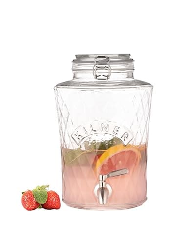 Image of Kilner Diamond Drinks Dispenser 5 Litre Glass Beverage Server with Stainless Steel Tap, Airtight Clip-Top Lid & Silicone Seal, Ideal for Juices, Cocktails & Infused Drinks