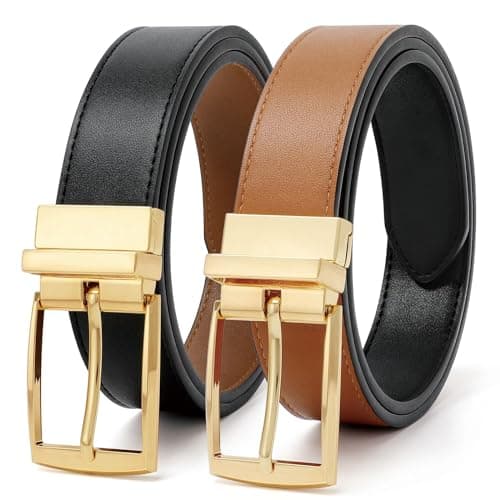 Image of JASGOOD Reversible Belt for Women Leather Belts for Jeans Pants Fashion Ladies Dress Belt Trim to Fit,Black/Brown Gold Buckle,S