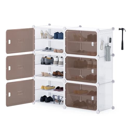 Image of COSTWAY 4/6/8/10-Cube Shoe Storage Cabinet, Modular Plastic Interlocking Shoe Rack for 16/24/32/40 Pairs with Removable Shelves, Hooks & Doors, DIY Storage Organiser Unit for Hallway Closet (6 Cubes)
