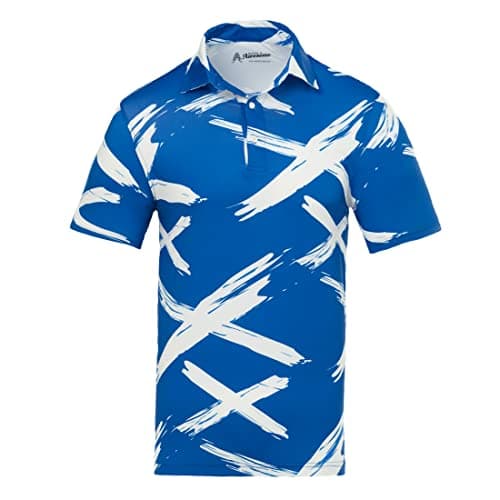 Image of Royal & Awesome Funny Mens Saltire Scottish Flag Golf Polo Shirt, Crazy Colourful Patterned Golf Top for Men, Stretch Fit, Large
