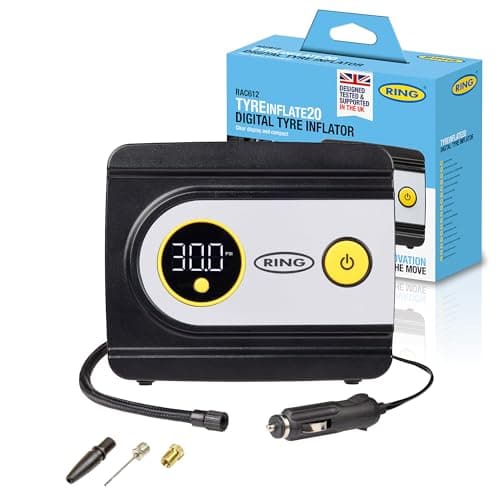 Image of RING TYREINFLATE 20 Digital Tyre Inflator Air Compressor with Three Adaptors - Measures in PSI, BAR and kPA