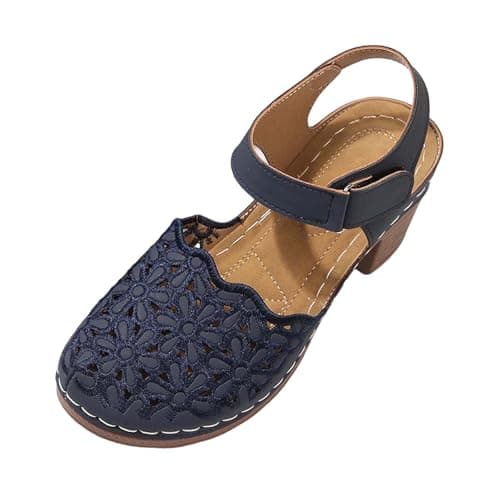 Image of Generisch Summer Sandals with Embroidery, Adjustable Strap, Platform Sole and Square Heel - Beach Shoes, blue, 5 UK