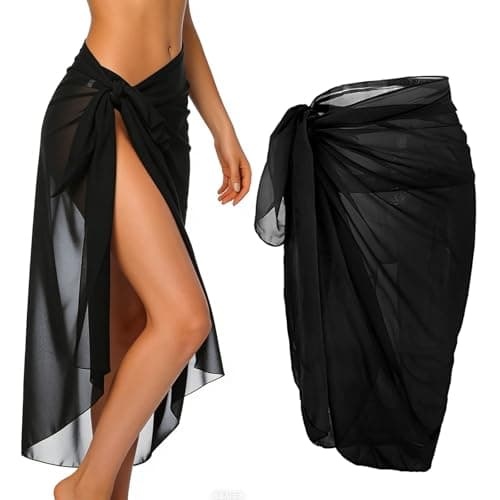 Image of Black Sarong Beach Cover Up for Women, Chiffon Tie Wrap Skirt and Bikini Cover Up, Ladies Beachwear for Beach Pool Cruise and Holiday, One Size 110cm x 145cm / 43 x 57in
