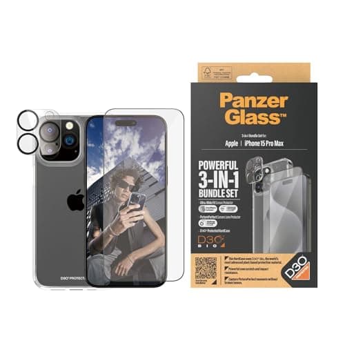 Image of PanzerGlass Apple iPhone 15 Pro Max 2023 6.7" ULTIMATE PROTECTION 3-in-1 Bundle - ClearCase w/ D3O +UWF Screen Protector + Camera Lens Protector | Full 360 Drop & Scratch Protection, Easy Install