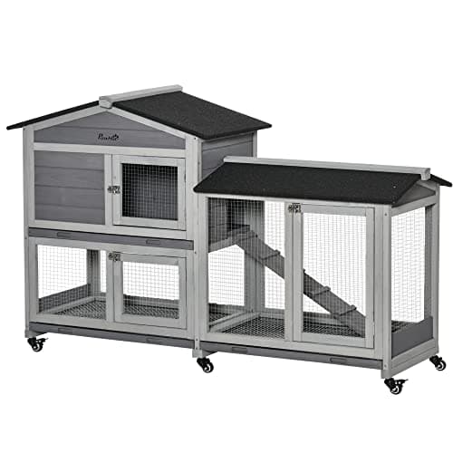 Image of PawHut Rabbit Hutch Outdoor with Run Guinea Pig Hutch 2-Tier Bunny Cage w/Wheels No-Leak Plastic Tray 157.4 x 53 x 99.5 cm - Grey