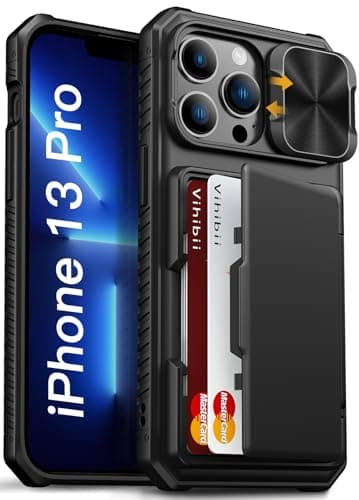 Image of Vihibii for iPhone 13 Pro Case with Card Holder (4 Cards) [RFID Blocking] & Slide Camera Cover, Military Grade Drop Protection, Rugged Hard Back & Silicone Edge Wallet Phone Case, 6.1" 2021, Black