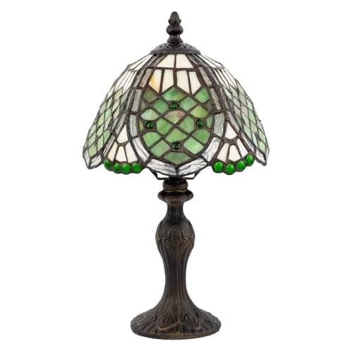Image of Classic Hand Crafted Round Beaded Tiffany Table Lighting Lamp in Toned Green | 36cm Height | Inline Cable Switch by Happy Homewares