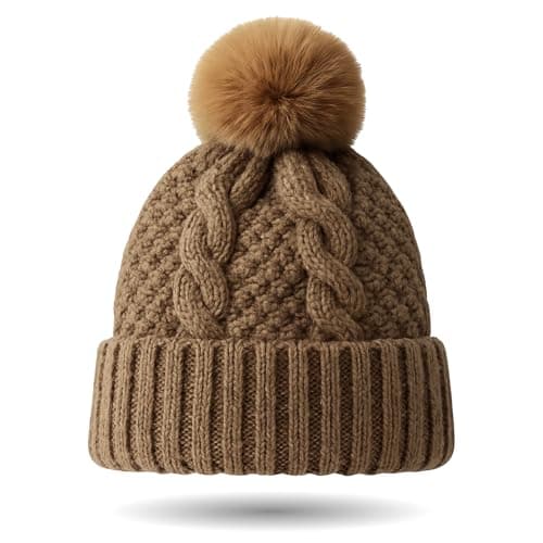 Image of MUNSKT Bobble Hat Satin Lined Beanie for Women Girls Satin Winter Knitted Hat for Ladies Silk Lined Beanie Warm Bobble Hat Warm Winter Knit Hats with Faux Fur Pompom (Caramel)