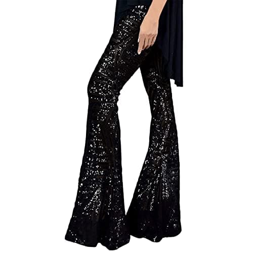 Image of Womens Sequin Flared Trousers Elasticated High Waist Wide Leg Trousers Skiny Glitter Bootcut Pants Sparkly Bootleg Pant Elegant Palazzo Trouser Lounge Pants for Party Dance Festival Costumes Black