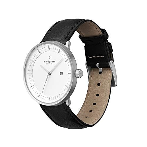 Image of Nordgreen Philosopher Scandinavian Silver Analog Watch with Leather or Mesh Interchangeable Straps (36mm, Black Leather Strap)