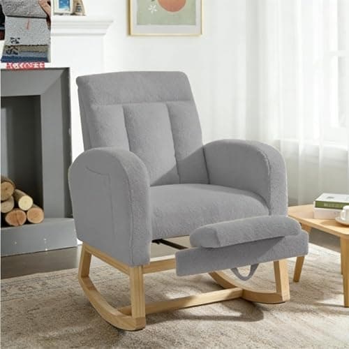 Image of Aptliton Modern Soft Rocking Recliner Chair with Adjustable Footrest,High Back Glider with Side Pocket,Comfortable Stuffed Upholstery for Living Room, Bedroom, Nursery,Raw Wood Legs, Beige
