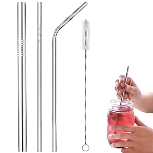 Image of WOLMIK 304 Stainless Steel Straws, Reusable, 3 Metal Drinking Straws in Set, with Cleaning Brushes, Environmentally Friendly, Non-Toxic, Washable, Ideal for Smoothie, Milkshake
