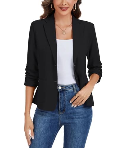 Image of MINTLIMIT Two Button Blazer for Women Notched Collar Suit Jacket 3/4 Sleeve Blazers Jackets Patch Pockets (Black M)