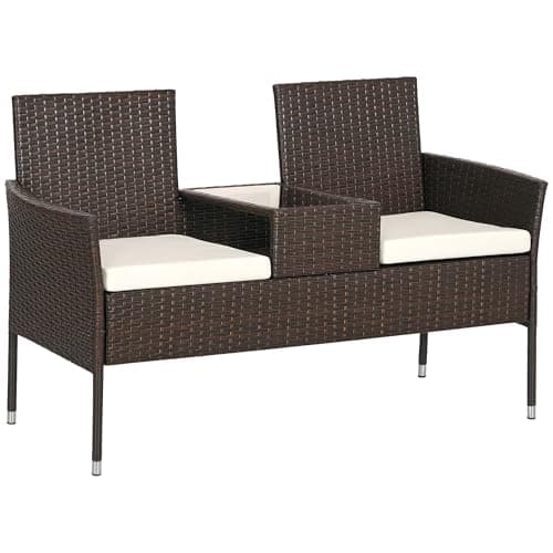 Image of Outsunny 2 Seat Rattan Garden Bench, Patio Wicker Chair with Glass Tea Table, Outdoor Love Seat with Padded Cushions, for Garden, Porch, Brown/Cream White