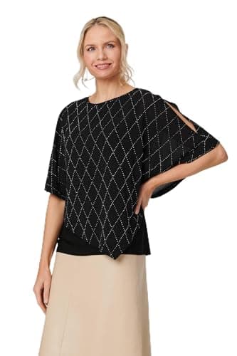 Image of Izabel London Geo Print Cut-Out 1/2 Sleeve Blouse for Women UK with a Round Neck and a Hip Length Layered Hem. Black