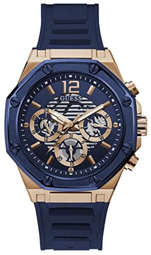 Image of GUESS 44mm Multifunction Skeletonized Watch, Blue/Rose Gold-Tone, One Size, Quartz Watch
