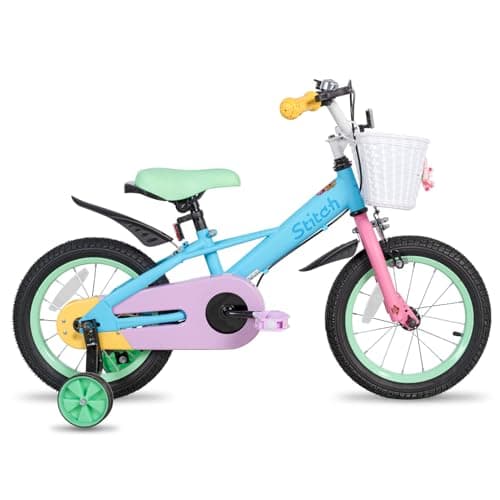 Image of STITCH MACARONS 16 inch kids bike for 5-7 girls, 16 inch girls bike with stablisers and basket,blue