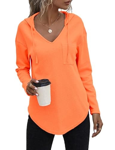Image of Cuptacc Hoodies For Women Uk Waffle V Neck With Drawstring Fashion Long Sleeve Pullovers Oversized Casual Basic Sweatshirt With Pocket Fluorescent Orange XL