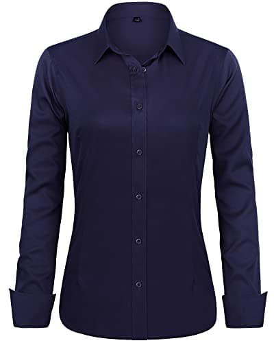 Image of J.VER Womens Shirts Long Sleeve Navy Blue Stretch Dress Fitted Shirt Business Work Office Tops Casual Fashion Ladies Blouses Shirts L