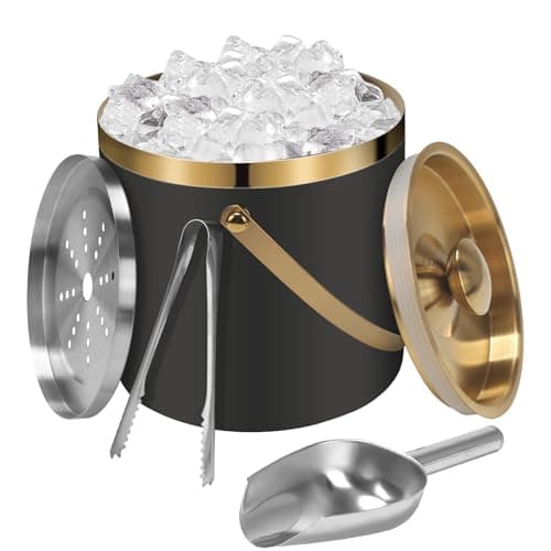 Image of VirtuGro 3L Large Ice Bucket with Lid and Tongs Double Walled Insulated Ice Bucket Stainless Steel Champagne Buckets Ice Bucket for Parties Home Bars Pubs BBQs Picnics Cocktail Beer Wine, Gold & Black