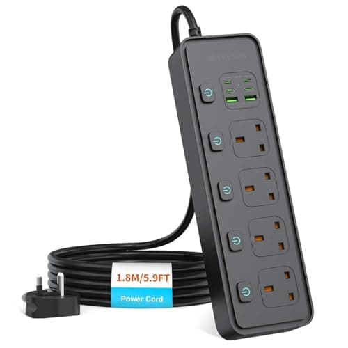 Image of 4 Way Gang Extension Lead with USB Slots, UK Plug 3 Pin Socket Outlet, 10-in-1 Surge Protector Plug Extension Socket with Individual Switches, Power Strip Extender with 1.8M Cable for Home, Black