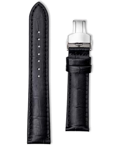 Image of Buckle & Stitch Crocodile Grain Leather Deployment Strap | 22 mm | Croc Alligator Embossed Calf Leather Watch Band | Silver Deployant Clasp | Spring Bars and Tool Included (Black/Black, 22mm)