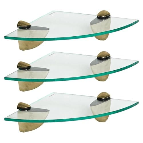 Image of Harbour Housewares Floating Glass Bathroom Corner Shelves - 20cm - Clear/Gold - 3x Wall-Mounted Kitchen Bedroom Shower Room Décor Caddy Towel Storage Organiser Shelving Rack with Brackets