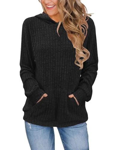 Image of iChunhua Plain Black Hoodie Women Warm Long Sleeve Running Top Thin Hooded Sweatshirt With Pocket Black 2XL