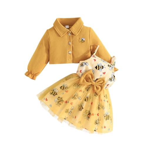 Image of Yanmucy Toddler Baby Girls Dress and Coat Set 2PCS Honeybee Print Tutu Dresses Long Sleeve Lapel Cardigan Baby Girl Clothes Outfits