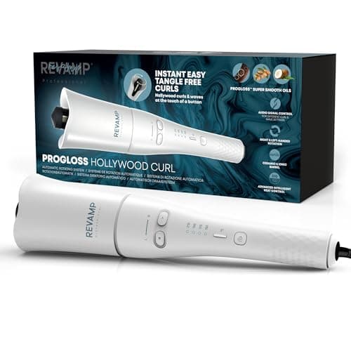 Image of REVAMP Progloss Hollywood Curl Automatic Rotating Hair Curler - Curling Iron with Ionic Jet Technology and Ceramic Barrel, Ultra-Fast Heat Up and Heat Recovery, Frizz-Free, Amazon Exclusive - White