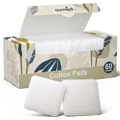 Image of Ourmed Life Large Cotton Pads for Makeup Removal, Soft & Lint-Free Face Pads with Pressed Seam Design, Durable Biodegradable Pads for Facial Cleansing on All Skin Types, 3x3 Inch, 60 Count