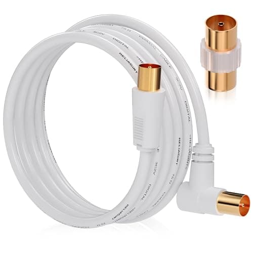 Image of RELIAGINT TV Aerial Cable 5m, 75 Ohm Coaxial Lead, IEC 9.5mm Male to Male 3C2V Pure Copper Dual Shielded, Right-Angle Connector, Female to Female Adaptor Included, White