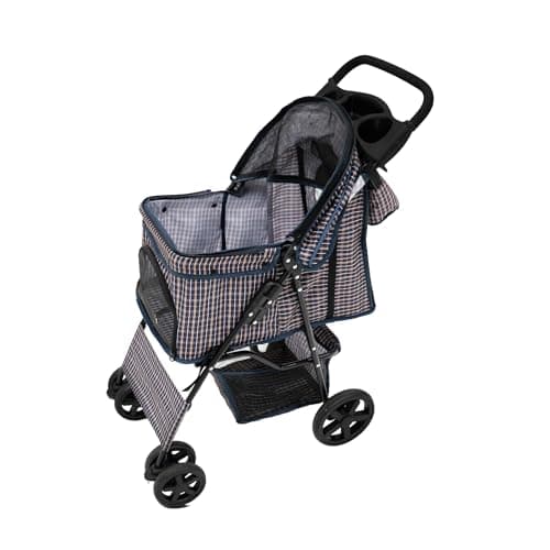Image of Pet Stroller Pushchair & Caddy Bag Organiser Detachable Woven Grey Foldable Carrier 15kg Capacity Wheels Brakes Dog Hook Leash Canopy Mesh Windows Basket Cup Holders Pockets & Waterproof Rain Cover