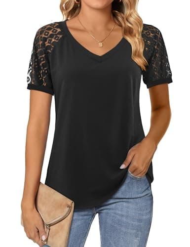 Image of Beluring Womens Tops Summer T Shirts V Neck Lace Short Sleeve Tunic Top, Black Size 16-18