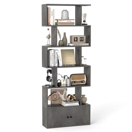Image of COSTWAY Wooden Bookcase, 5/6-Tier S-Shaped Storage Bookshelf with Cabinet, Freestanding Tall Display Shelf Open Rack Shelving Unit Divider for Living Room, Bedroom and Office (Grey)