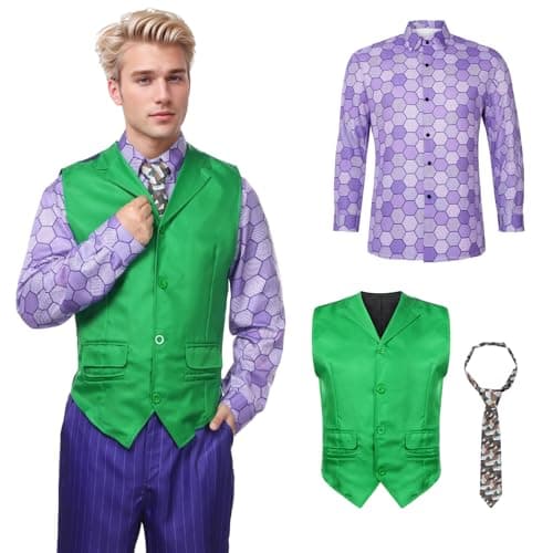 Image of Alaiyaky Adult Men Joker Costume Shirt Vest Tie Outfit Suit Set Halloween Cosplay Dress Up Props (Style A, XXL)