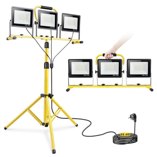 Image of Yofuly LED Work Light with Tripod 21000LM, 3 Adjustable Heads, 5M Power Cable IP66 Waterproof Site Light, Portable Telescopic Stand Floodlight for Job Site, Outdoor, Garage, Workshop