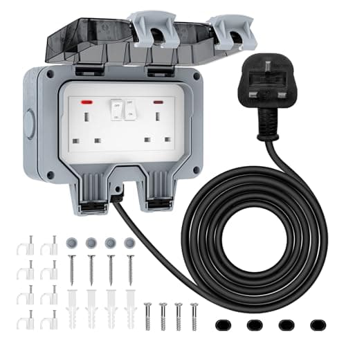 Image of Weatherproof Outdoor Socket Waterproof Double Socket 3M Extension Lead IP66 Switched Wall Electrical Outlet 13 Amp 2 Gang Power Socket, Garden Outside Plug Sockets Cover Box