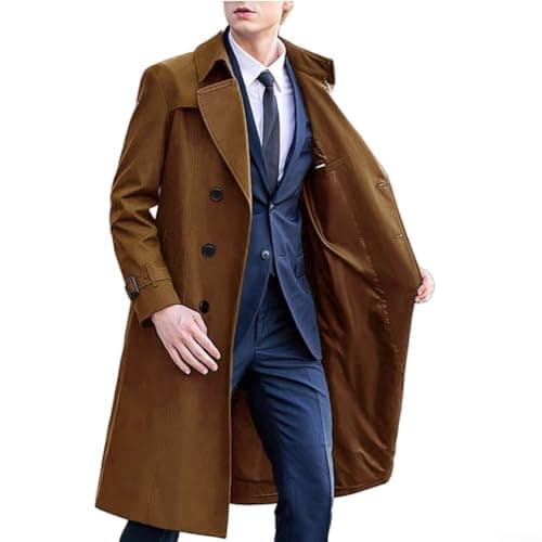 Image of Men's Solid Windbreaker Overcoat Long Trench Coat with Double Breasted Front Lapel and Long Sleeves for Outdoor Use (2XL Brown)
