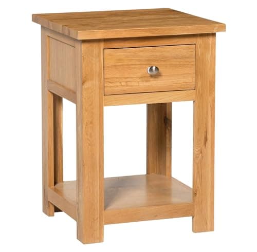 Image of Hallowood Furniture Waverly Oak Lamp Table with Drawer and Lower Shelf, Solid Wooden Side Table in Light Oak, Nightstand, Oak Plant Stand, Fully Assembled Bedside and Living Room Furniture