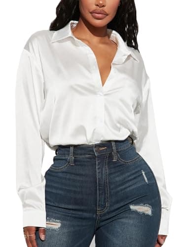 Image of Navneet Women Blouses Satin Button Down Long Sleeve Shirts Collar Blouses Casual Office Wear Work Tops Going Out TopsWhite M