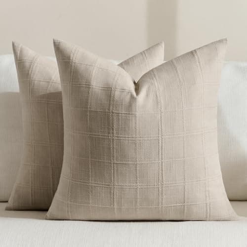 Image of FIBORIA Natural Linen Cushion Covers 18x18 Inch Decorative Faux Linen Square 45x45 cm Cushion Covers Tartan Modern Boho Home Decor for Sofa Chair Couch Bedroom Living Room (Set of 2)