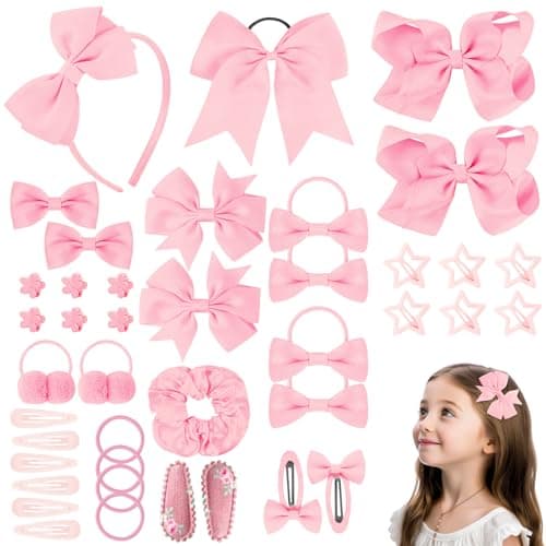 Image of LOPHE 77Pcs Pink Girls School Hair Accessories Kit, Hair Bows Elastic Headbands Hair Clips, Cheer Bows Ponytail Holder Hair Barrettes, Hair Accessories for Girls Christmas Birthday Gift