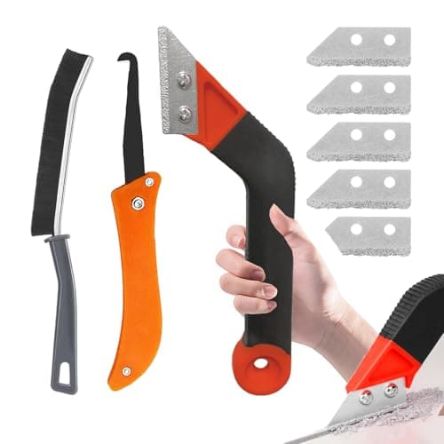 Image of Grout Remover Tool - 5 Piece Set with Angled Grout Rake, Brush & Replacement Accessories (Red)